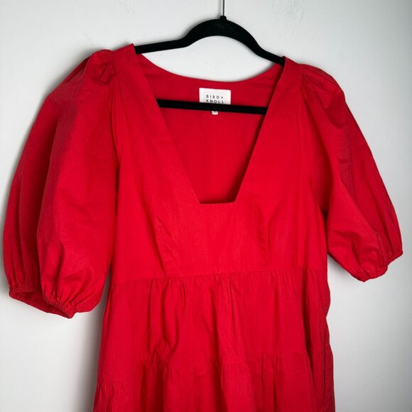 Bird & Knoll Dress Gigi Puff Sleeve Cotton Poplin Mini Red Size Small - Picture 4 of 9